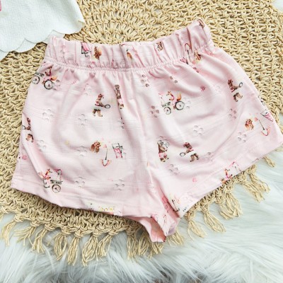 Conj. Blusa Casinha de Cogumelos com Coelhos e Short em Lese - Off White e Rose